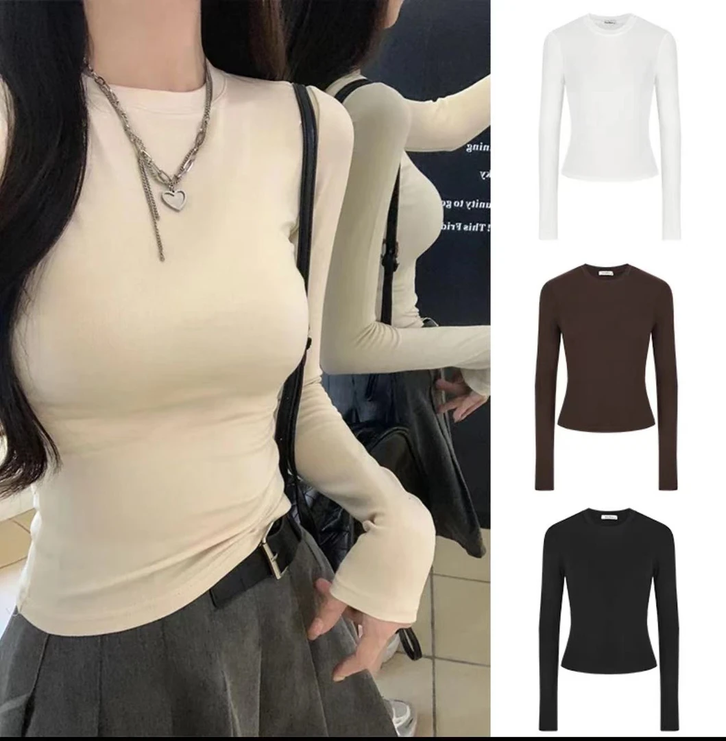 显瘦长袖掐腰正肩T恤打底衫女纯色百搭紧身加绒修身白色圆领上衣