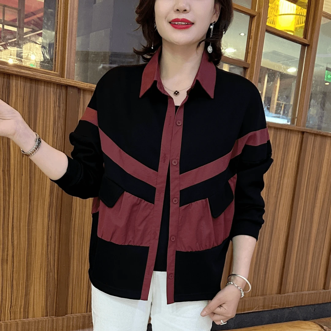 2025春秋网红爆款时尚百搭休闲通勤拼接撞色设计款气质长袖妈妈装