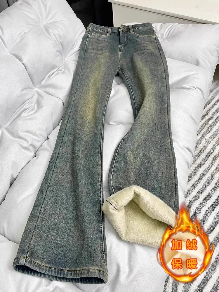 复古蓝直筒牛仔裤女秋季加绒加厚大码胖mm高腰遮胯弹力微喇马蹄裤