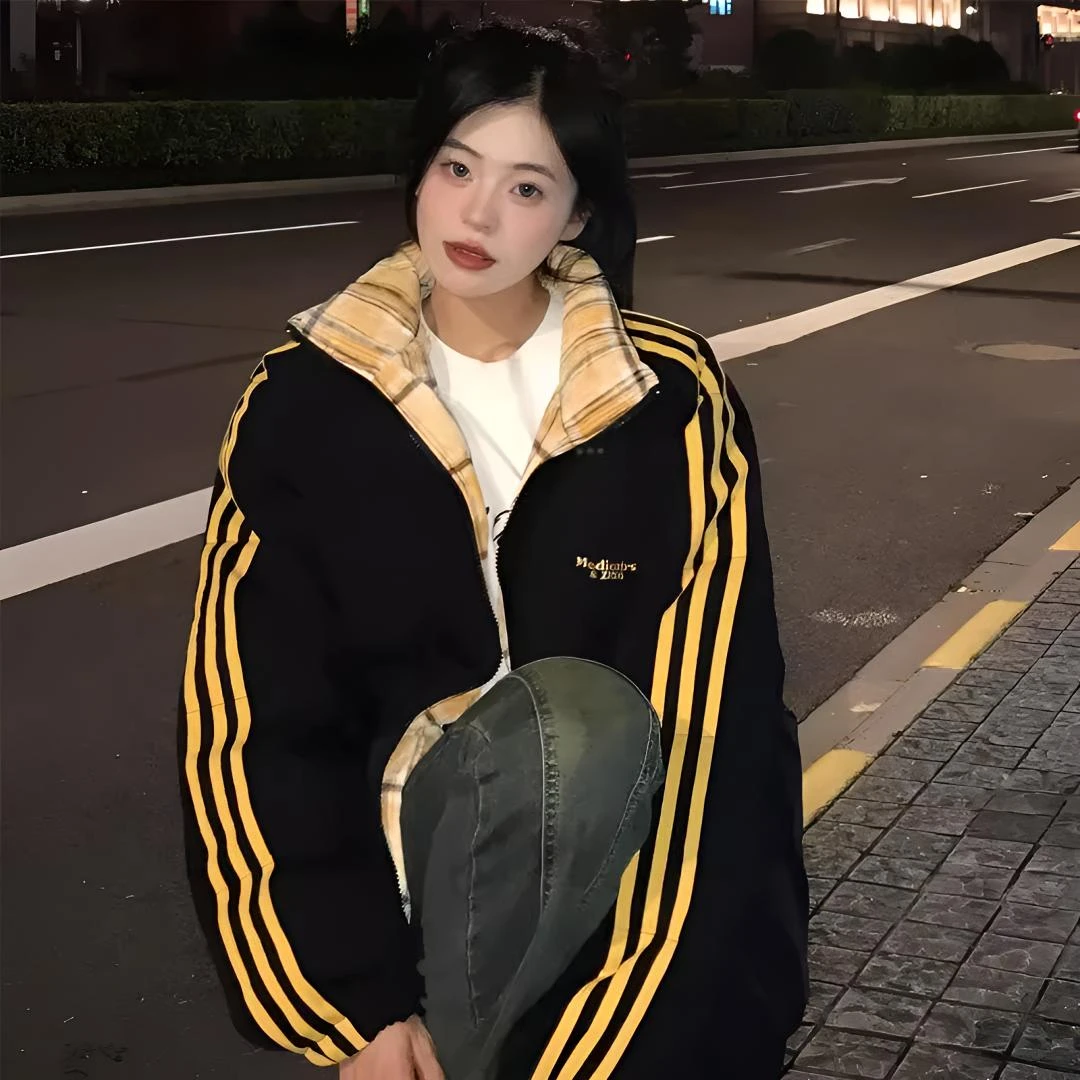 麻瓜织带条纹棉服棉衣外套男女同款冬季辛苦情侣棉袄立领面包服潮