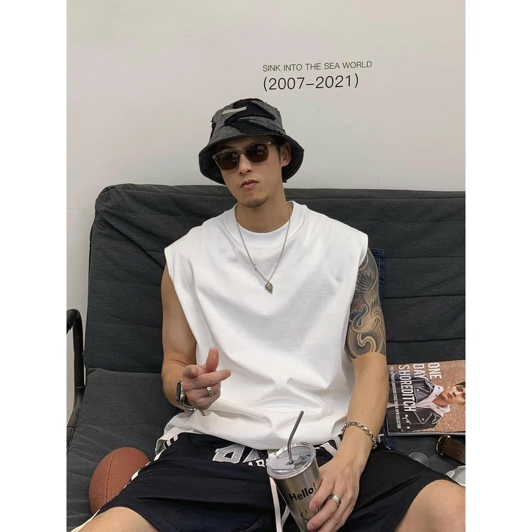 新疆纯棉300G美式休闲运动篮球背心潮牌夏季宽松男女无袖T恤坎肩T