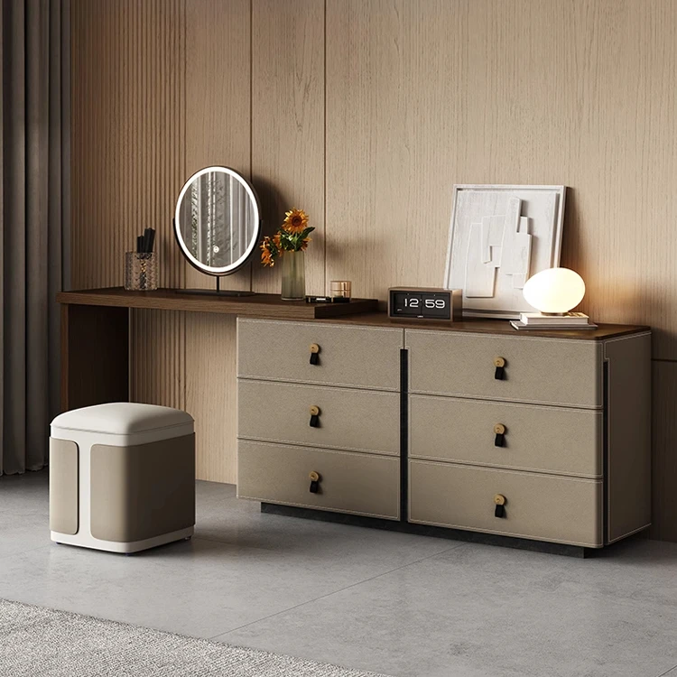 现代简约梳妆台收纳斗柜一体马鞍皮质卧室床尾高级化妆桌