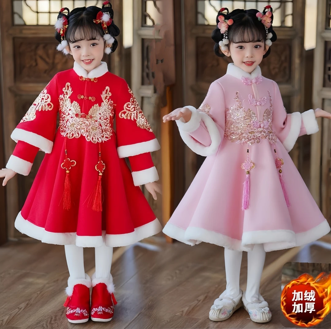 女童唐装连衣裙冬装新款加绒儿童古装汉服旗袍喜庆过年宝宝拜年服