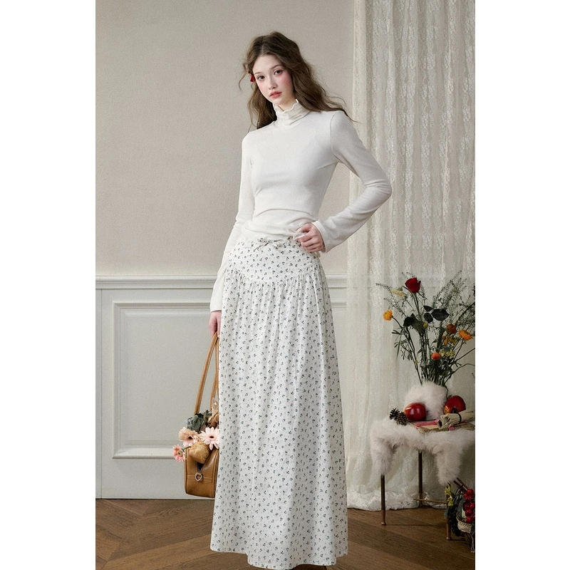 银河万岁 “野生蓝莓”有机棉感「手绘印花长裙」法式白色时尚