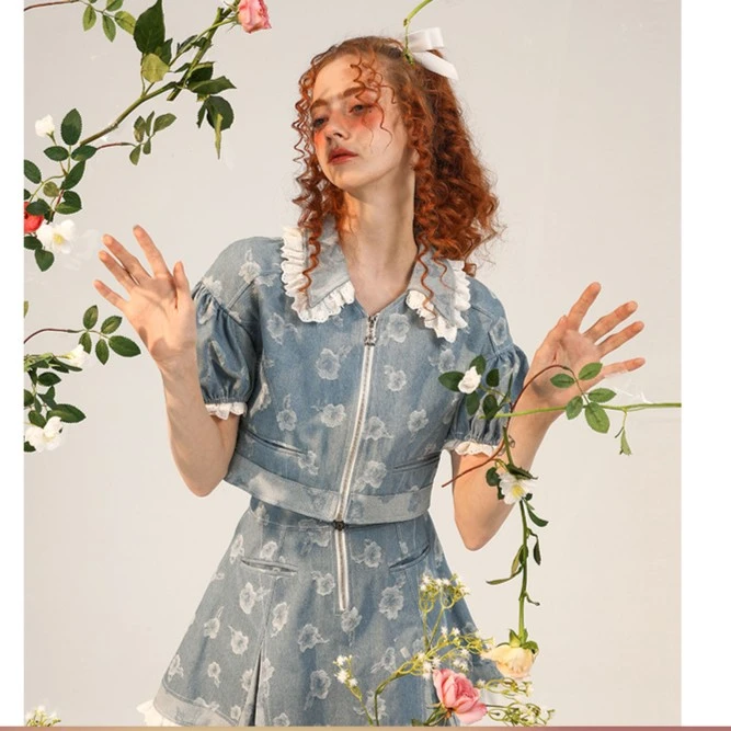 银河万岁夏洛特玫瑰花朵上衣+半身裙牛仔套装