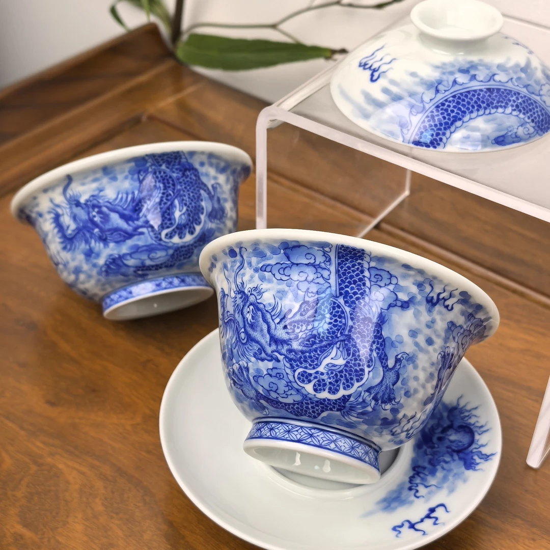 陶月楼手绘青花海水龙三才盖碗 杯子