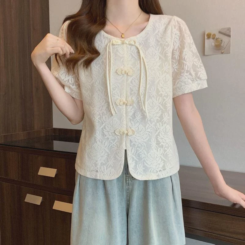大码蕾丝提花盘扣国风衬衫女夏季胖妹妹别致设计显瘦洋气复古上衣