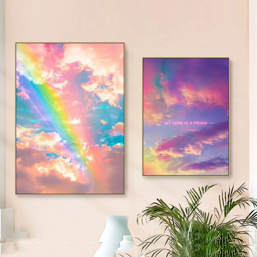 彩虹装饰画ins风 女孩房间卧室床头挂画奶茶店唯美小清新云彩壁画