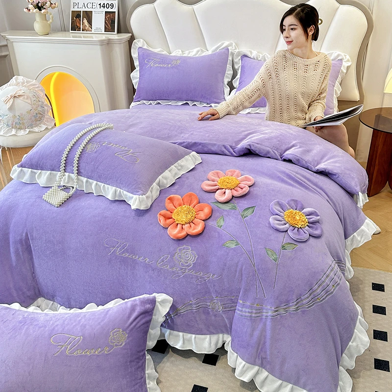 新品9斤韩版公主风立体花朵绣花牛奶绒四件套花花边宝宝绒被套