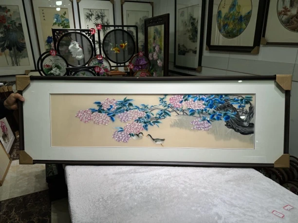 手工刺绣绣球鸳鸯 百年好合 带框尺寸48-143