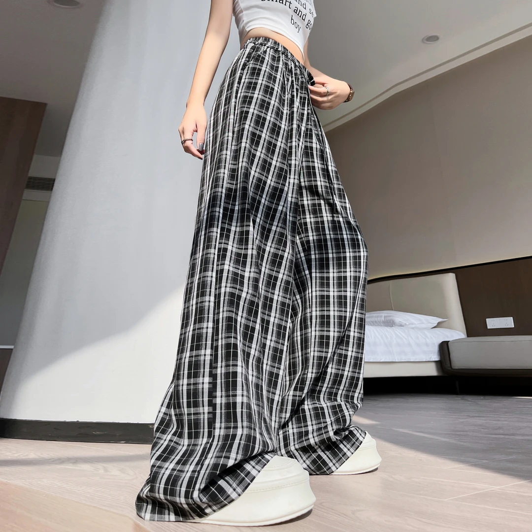 mnmf2025爆款休闲百搭中高腰舒适显瘦时尚宽松黑白格子男女裤#S2