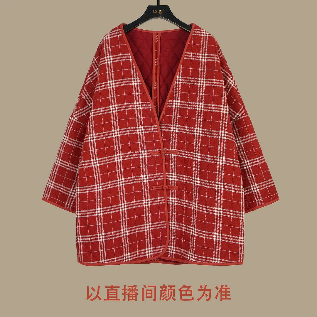 续吉出品5249｜复古韩系｜冬季新款V领复古格子棉袄宽松开衫棉衣