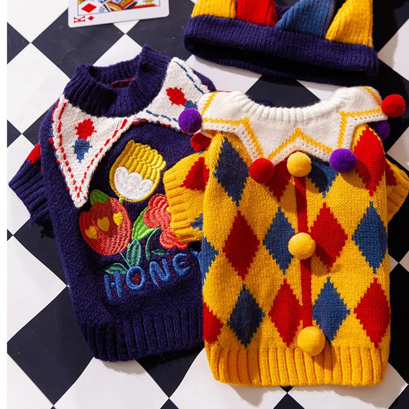 D.Y秋冬季保暖猫咪狗狗马戏团搞怪毛衣针织毛线泰迪比熊毛球衣服