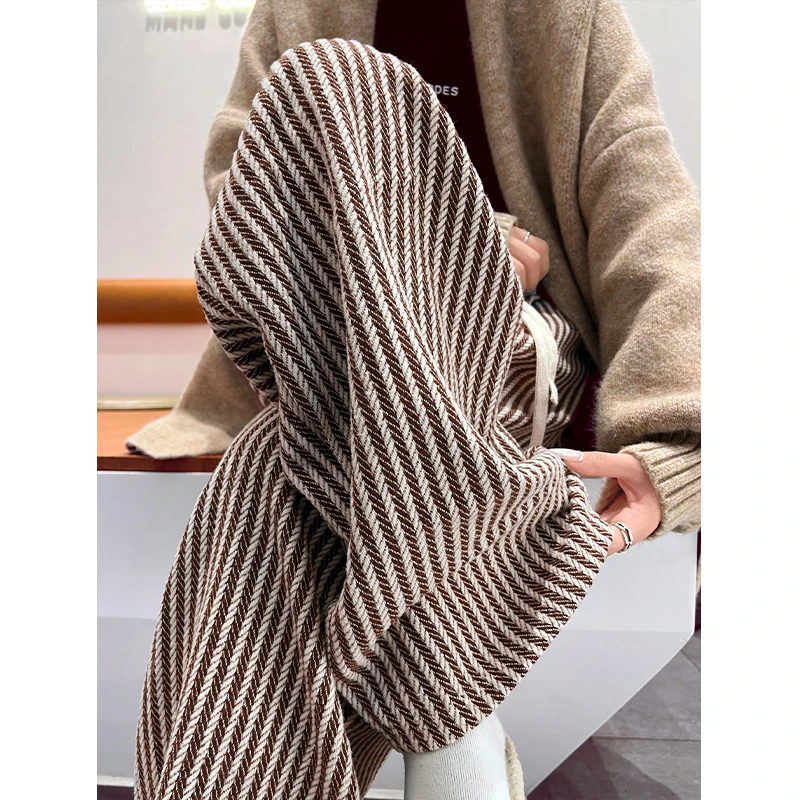 2025秋冬加绒新款咖色竖条纹毛呢阔腿裤女高腰垂感宽松直筒休闲裤