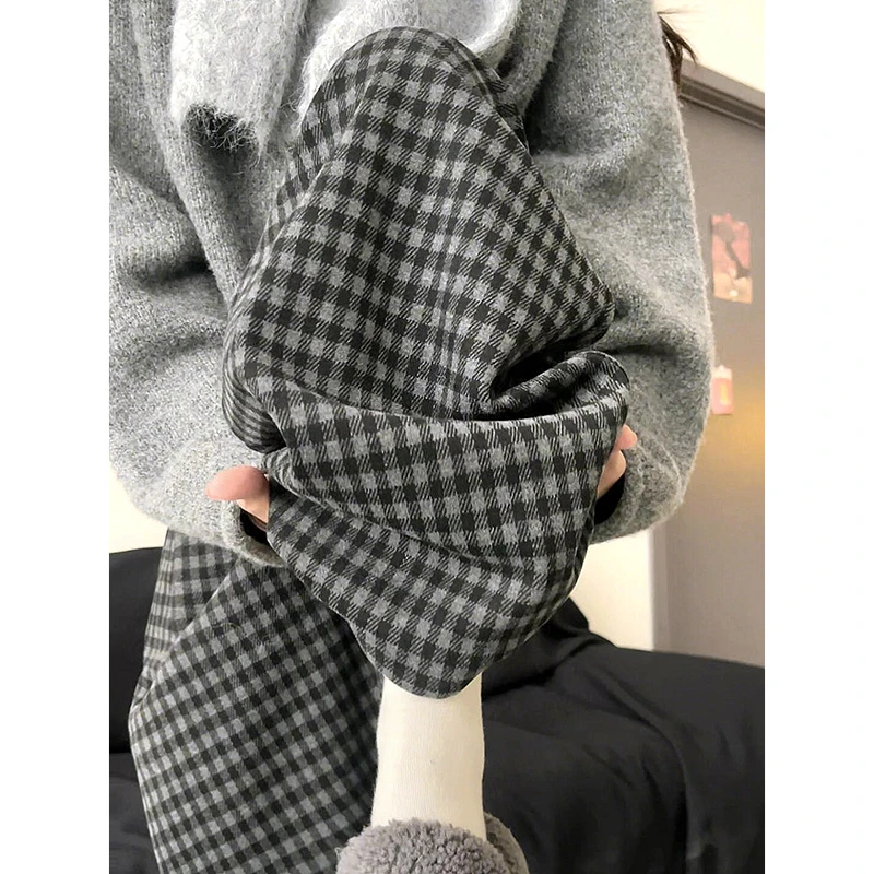 黑灰色加绒格子裤女2025新款秋冬高腰垂感复古宽松运动休闲阔腿裤