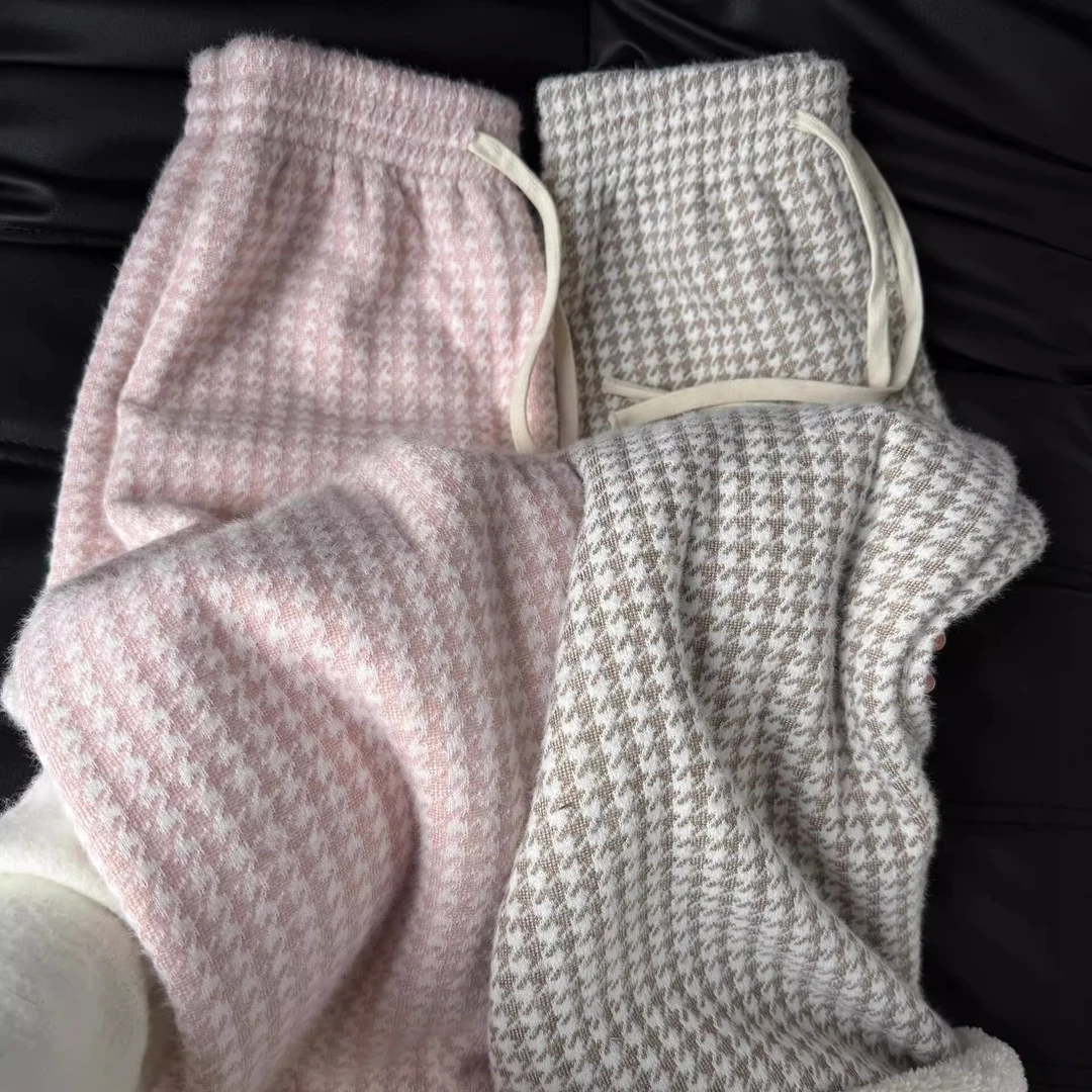 粉色文艺加绒千鸟格阔腿裤2025新款女韩版时尚设计加厚直筒休闲裤