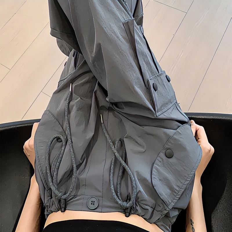 灰色工装裤女夏季薄款高腰阔腿直筒休闲设计感速干美式复古运动裤