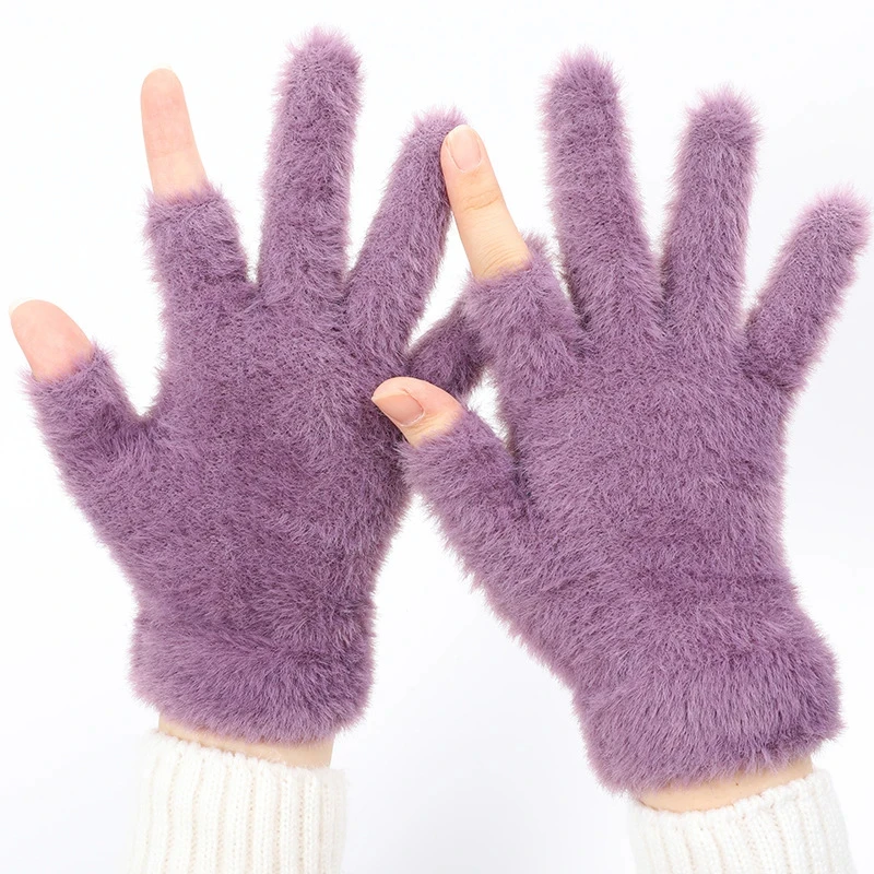 居家冬季新款露二指手套保暖触屏漏指加绒不起球半指韩系毛绒防寒