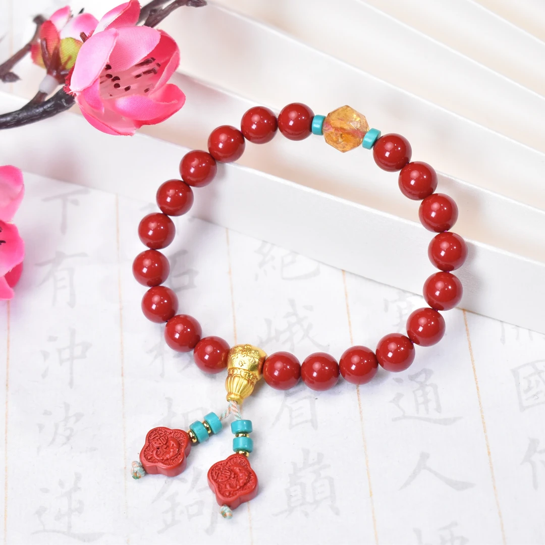 含辰砂工艺品【睿泽鉴宝】朱砂黄水晶手串  8mm  FBH0092