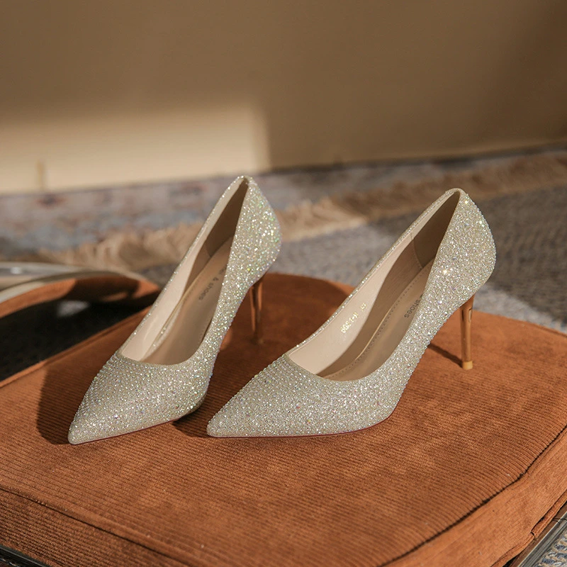 【悠闲美品牌】韩版水钻高跟鞋婚鞋新款百搭亮钻鞋烫钻尖头细跟单鞋