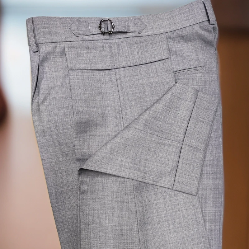 新品夏季直筒高腰显瘦纯色韩版精纺羊毛西裤休闲巴黎扣翻边九分裤