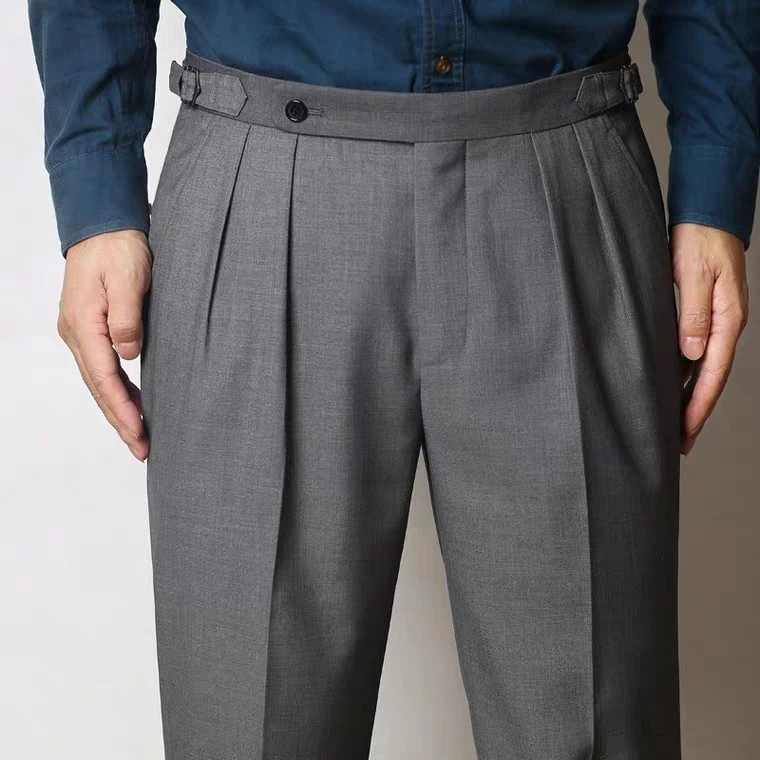 新品意式那不勒斯巴黎扣翻边休闲直筒裤纯色简约百搭修身九分西裤