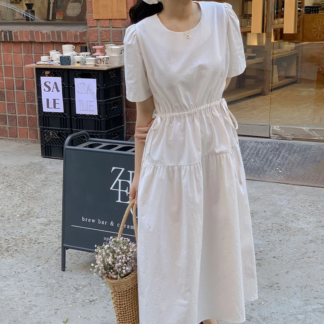 气质收腰系带连衣裙女2024夏季新款法式大摆裙宽松收腰方领连衣裙