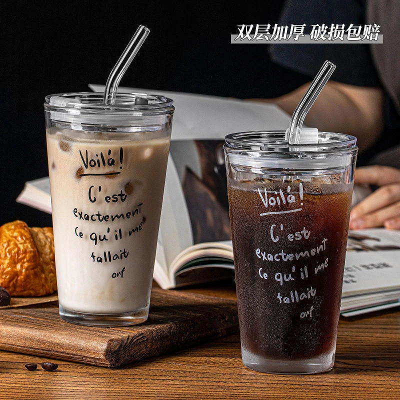 玻璃水杯带吸管夏季男女士咖啡杯茶杯子字母印花ins风早餐杯奶茶