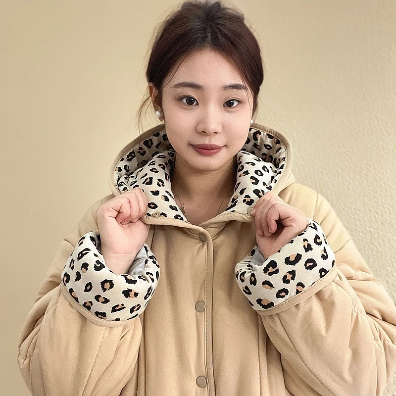 SY新疆棉【卡其豹纹拼接】连帽直筒大长款保暖加厚女小碎花棉袄
