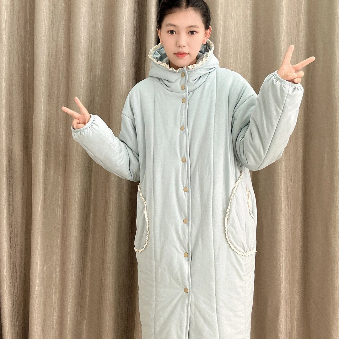 JIUYUE新疆棉【雾霾蓝】连帽蕾丝直筒大长款家居服棉衣棉服加厚十二