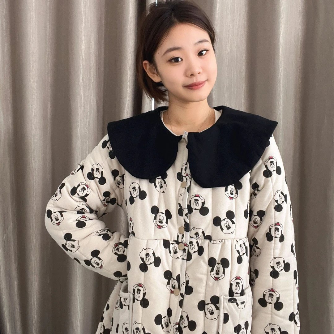 SY新疆棉【白底米奇】娃娃领中长可爱家居服加厚保暖棉衣棉服显三月