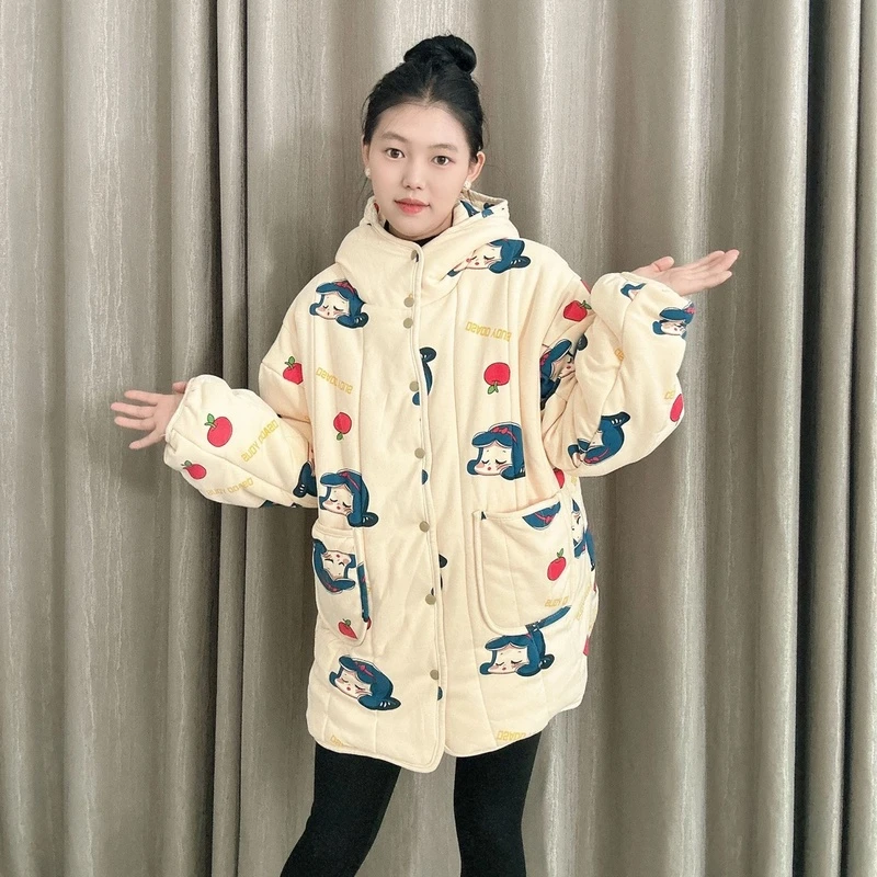 JY新疆棉花【白雪公主】连帽开叉中长款保暖宽松家居服棉花衣伍