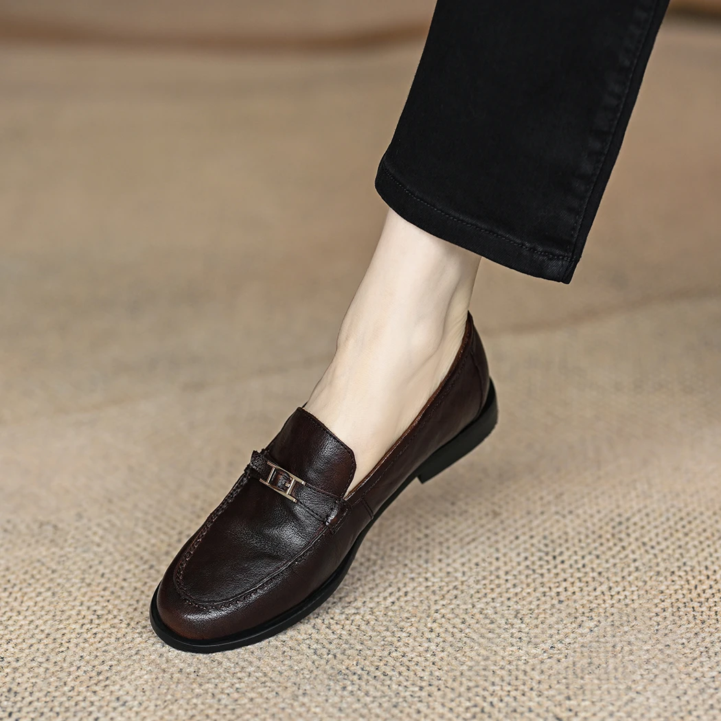 M先生 乐福鞋女2025春秋牛皮软皮英伦复古圆头中口一脚蹬平底单鞋