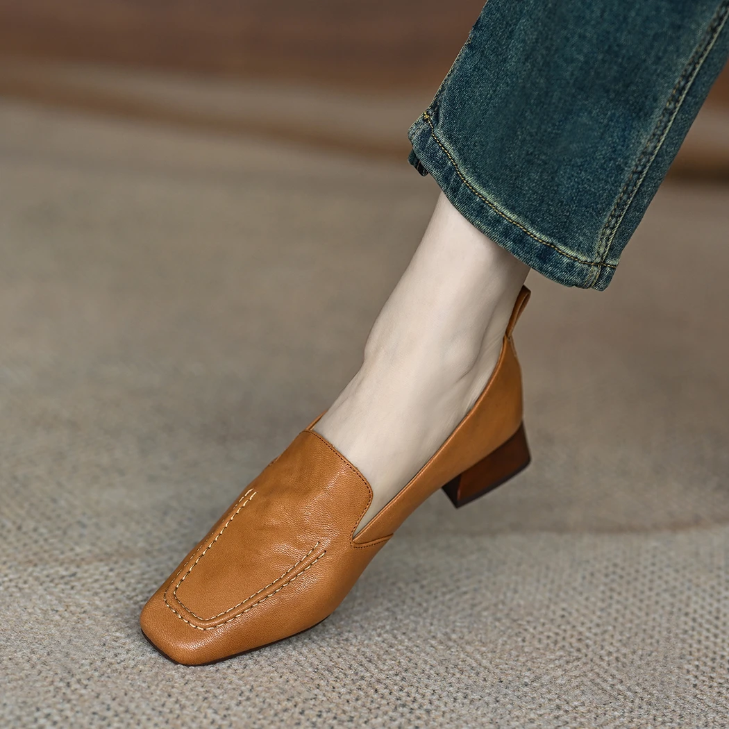 春季新款羊皮中跟单鞋女法式气质中跟一脚蹬方头乐福鞋鞋子