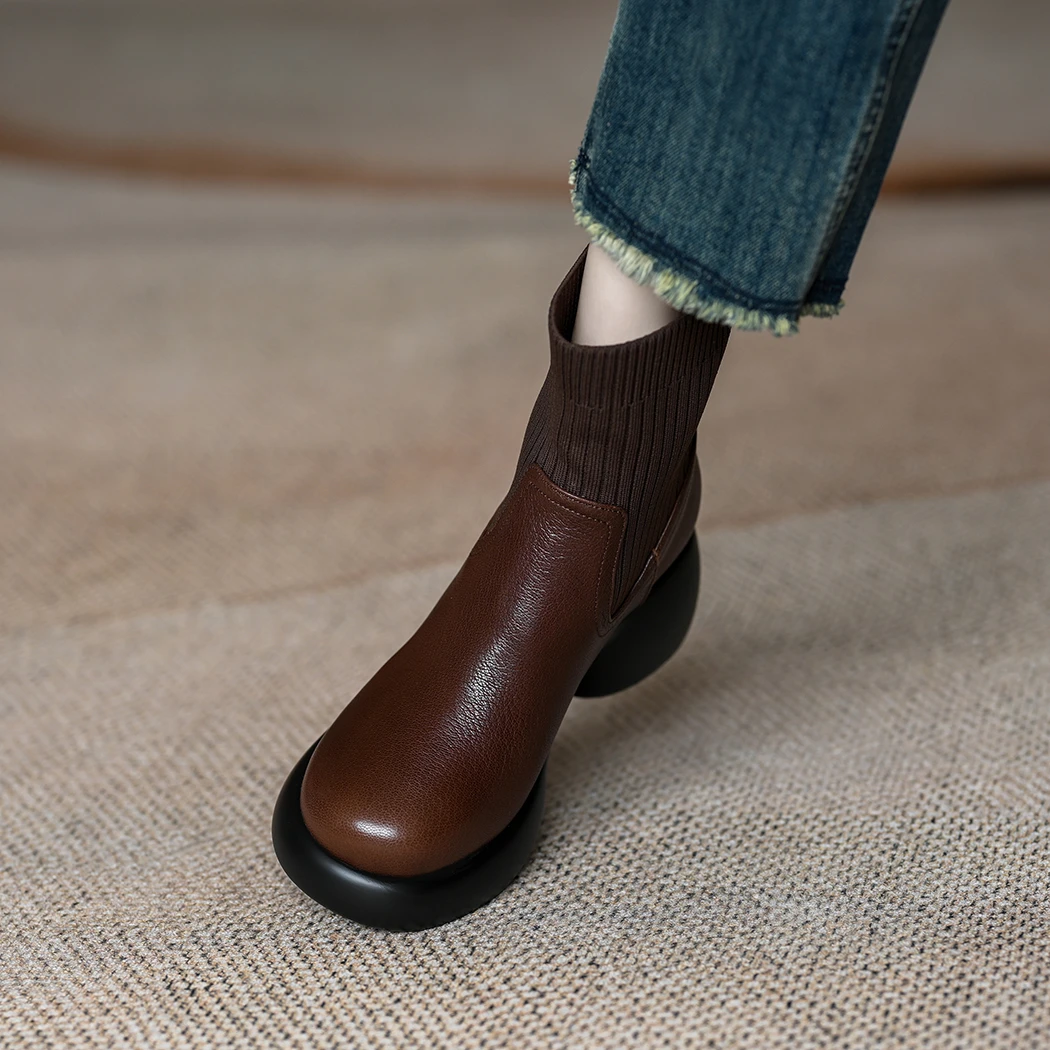 2025新款秋厚底粗跟短靴女大头中跟不累脚毛线口拼接弹力靴