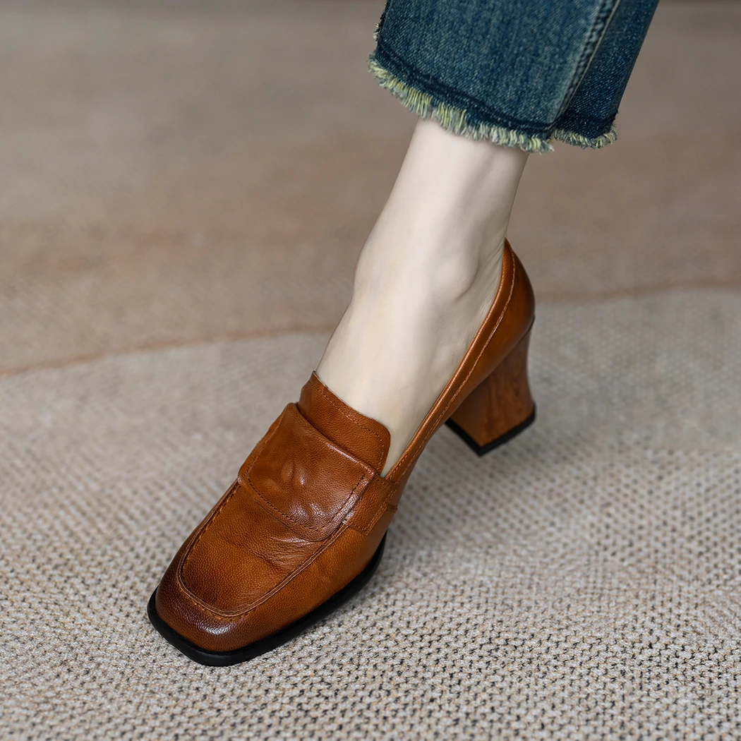 粗跟单鞋女2025春季复古擦色一脚蹬软羊皮方头高跟乐福鞋