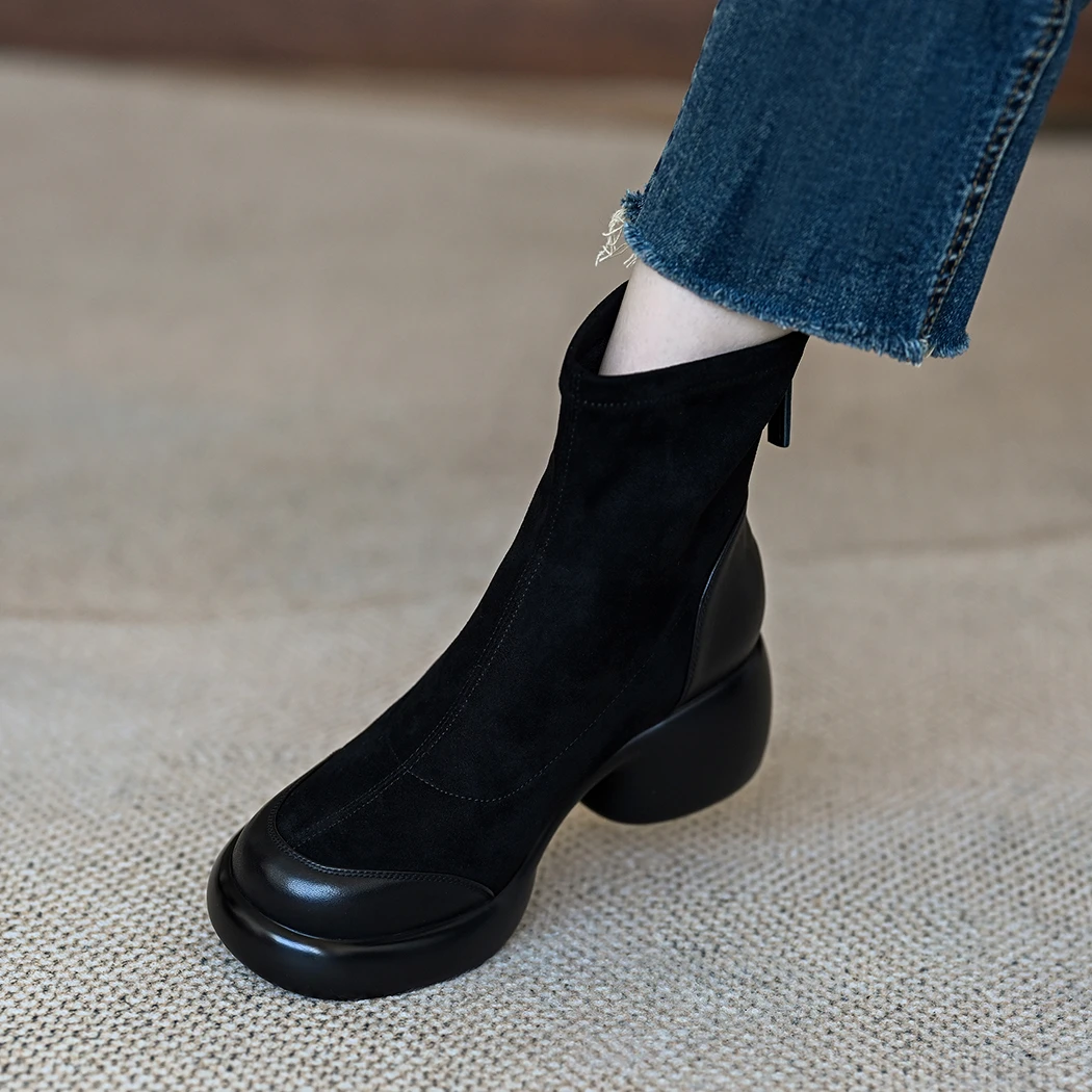 M鞋子女士瘦瘦靴女2025年新款粗跟短靴拼接真皮高跟厚底弹力靴