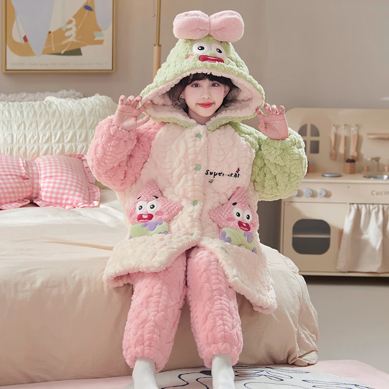 YUZHAOLIN/俞兆林小女孩冬季珊瑚绒三层夹棉洋气撞色睡袍保暖套装