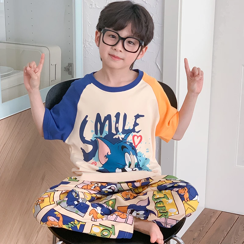 YUZHAOLIN/俞兆林小男孩短袖长裤纯棉薄款睡衣儿童卡通圆领家居服