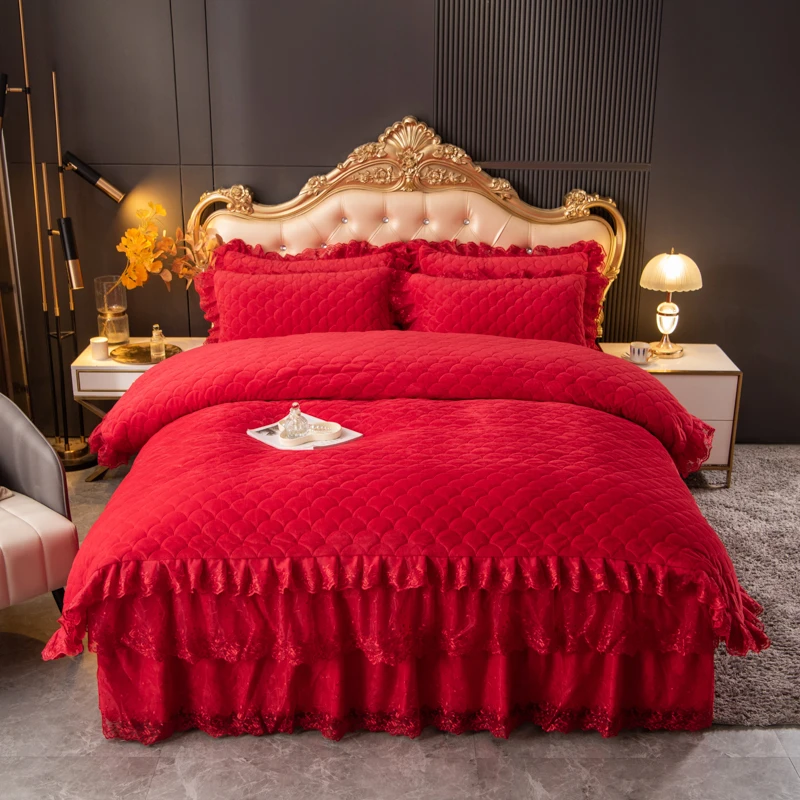 2025新款宝宝绒夹棉蕾丝床裙床上四件套网红四件套床上用品加厚