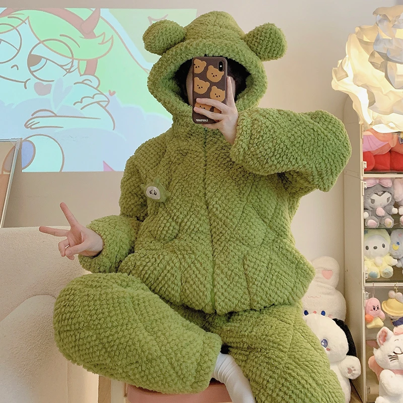 年末清仓福利三层夹棉冬季可外穿加绒加厚保暖冬款家居服套装