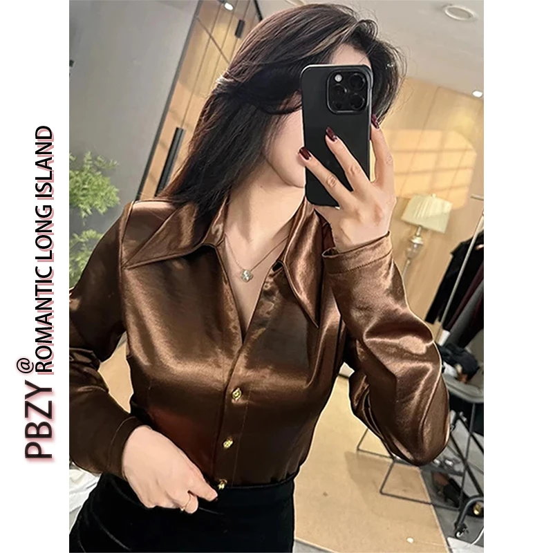 8912#缎面质感高级感长袖衬衫外套女春秋冬季新款显瘦开衫上衣