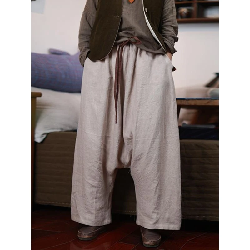 四季/听花香归野 秋 小众宽松休闲亚麻双层松紧腰哈伦吊裆长裤