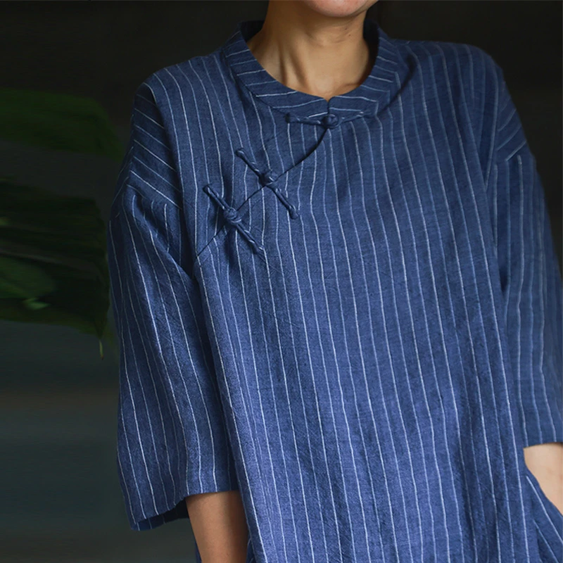 云苓 蓝/小素原创 夏色织亚麻复古新中式盘扣中长款禅意茶系袍子S