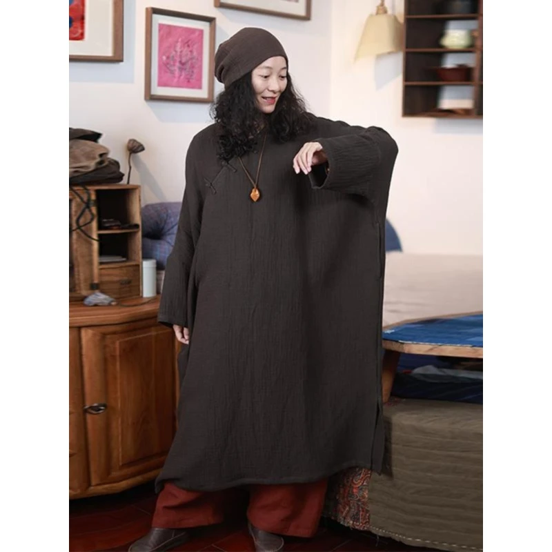 禅说-咖/听花香归野 秋 苎麻棉复古休闲手工盘扣文艺廓形中长袍子