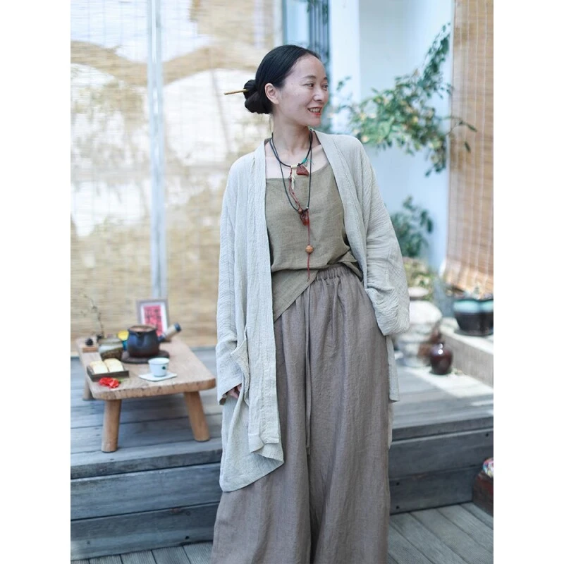 茶汤-麻本/听花香原创  春女士亚麻复古禅意宽松休闲百搭中长款外