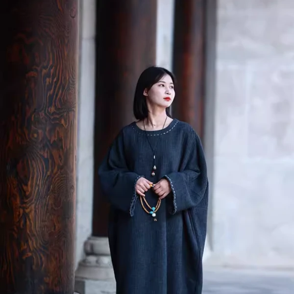 古树 灰/听花香原创设计春棉麻侘寂风禅意风素衣宽松休闲长款袍子