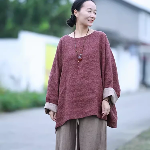 红莲 红花/听花香原创  春秋亚麻印花双面穿休闲禅意宽松长袖T恤S