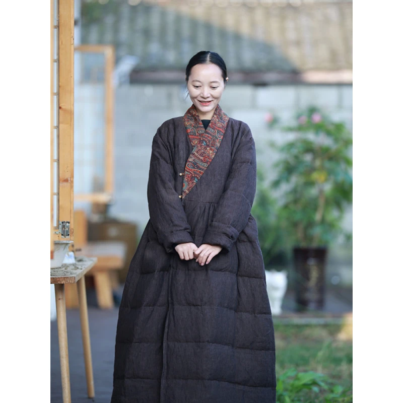 落香 咖/听花香原创 复古亚麻外套 冬季汉元素气质保暖长款中国风