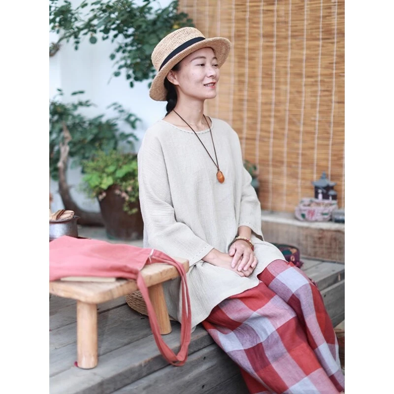 小雨-麻本/听花香原创设计 夏防晒长袖纯色亚麻T恤宽松显瘦上衣袍